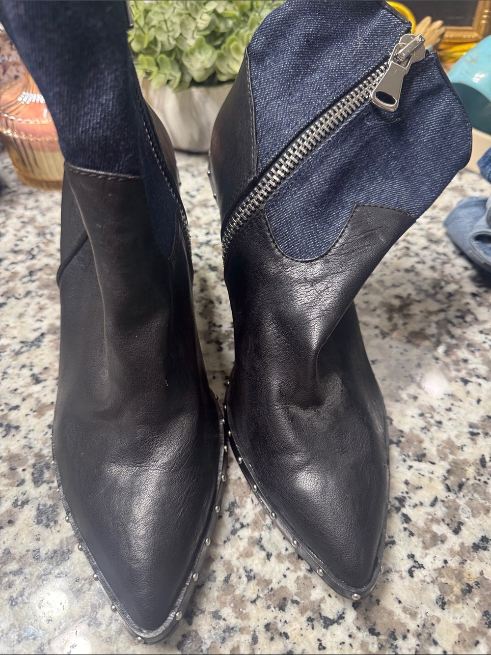 Chinese Laundry Black Pointed Ankle Boot with Denim Accent and Silver Studs